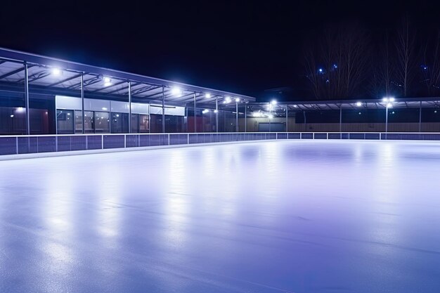 Estádio de gelo para patinação artística iluminado com luz de néon Grande área vazia para esportes de inverno e entretenimento