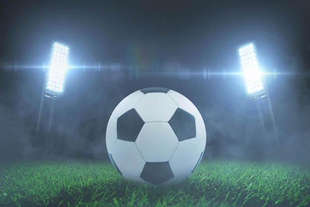 Estádio de treinamento com uma bola de futebol na grama à noite com holofotes Campeonato de Futebol Euro 2024 Copa do Mundo ideia criativa