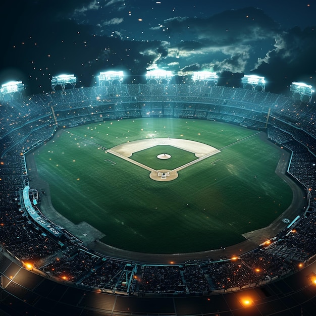 Estadio deportivo con temática de béisbol iluminado contra el fondo del cielo nocturno para las redes sociales