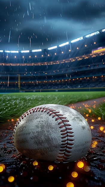 Foto estadio deportivo con temática de béisbol iluminado contra el fondo del cielo nocturno