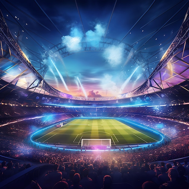 Estádio esportivo dinâmico e futurista durante um emocionante jogo de campeonato