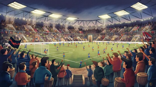 Estadio de fútbol arena de la noche con la multitud de aficionados d ilustración