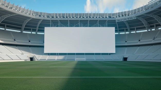 Foto estadio de fútbol con un cartel blanco prístino listo para la publicidad bajo un cielo despejado