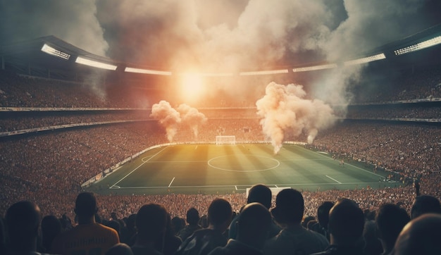 Estadio de fútbol con luces encendidas, llamaradas y bombas de humo.