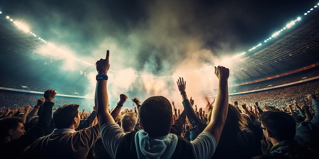 En un estadio de fútbol, las luces iluminan la exuberante escena mientras los fanáticos animan apasionadamente creando una electrizante atmósfera de emoción AI Generativa AI