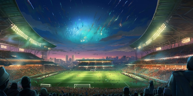 Estadio de fútbol por la noche con hierba verde y multitudes en el fondo