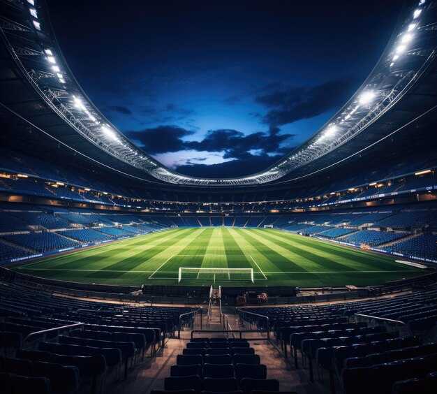 Foto estadio de fútbol por la noche con luces y asientos en perspectiva