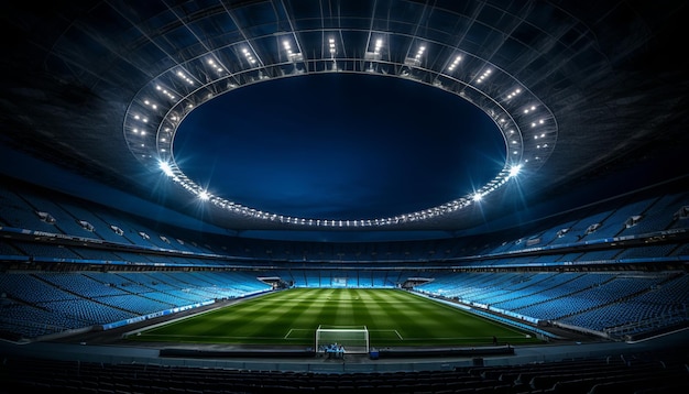 Estadio de fútbol nocturno abandonado con asientos vacíos y campo profesional bellamente iluminado