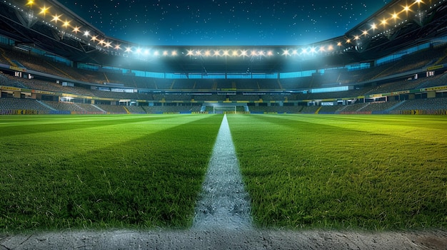 Estadio de fútbol nocturno con luces brillantes y marcas