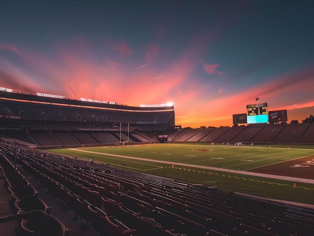 Estadio de fútbol con pisos al amanecer asientos vacíos llenos de ecos de aplausos