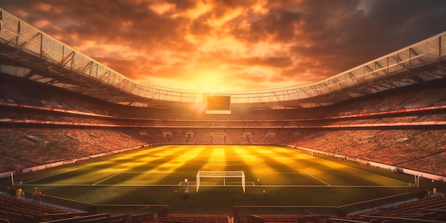 Un estadio de fútbol vacío al atardecer