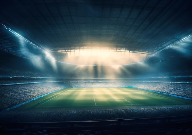 Un estadio de fútbol vacío detrás de haces de luz