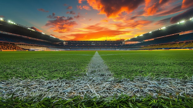 Estadio de fútbol vacío con una dramática puesta de sol