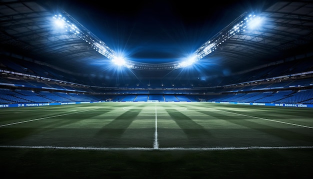 Foto estadio de fútbol vacío por la noche con fascinante campo profesional iluminado en blanco y azul