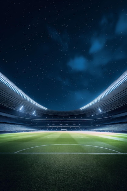 Foto estadio de fútbol vacío por la noche con luces brillantes