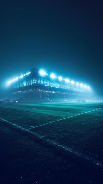 Un estadio de fútbol vacío por la noche con las luces encendidas