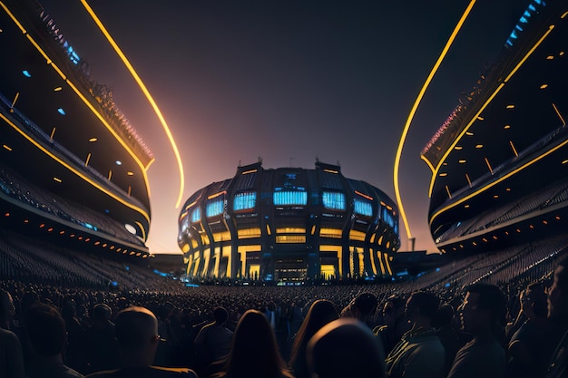 Estádio futurista com design moderno com luzes de néon à noite IA geradora