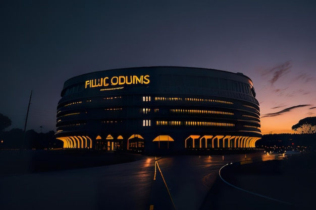 Estádio futurista com design moderno com luzes de néon à noite IA geradora