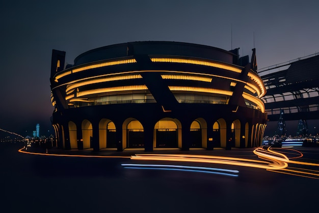 Estádio futurista com design moderno com luzes de néon à noite IA geradora