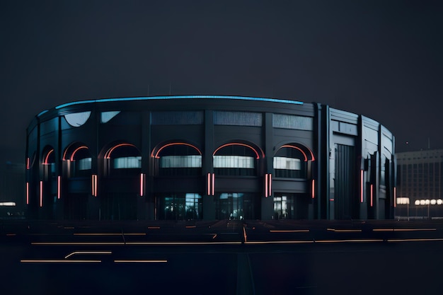 Estadio futurista con diseño moderno con luces de neón por la noche IA generativa