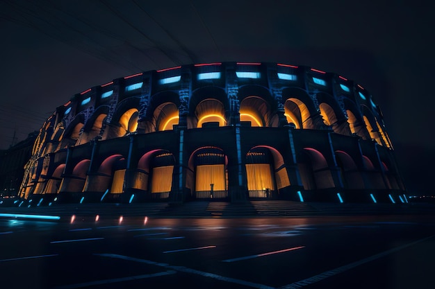 Estadio futurista con diseño moderno con luces de neón por la noche IA generativa