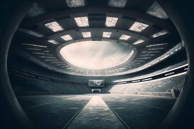 Un estadio con una gran cúpula y un marcador.