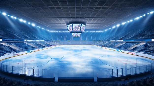 estadio de hockey profesional y una pista de hielo vacía con luz