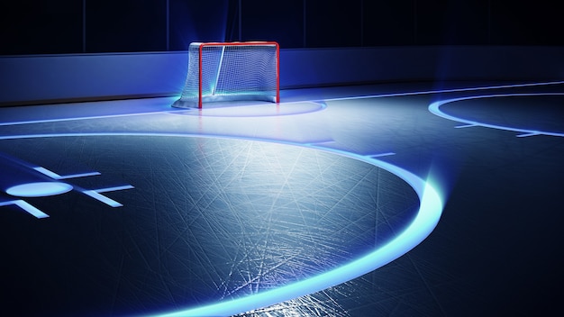 Estadio de hockey sobre hielo con focos y portería roja