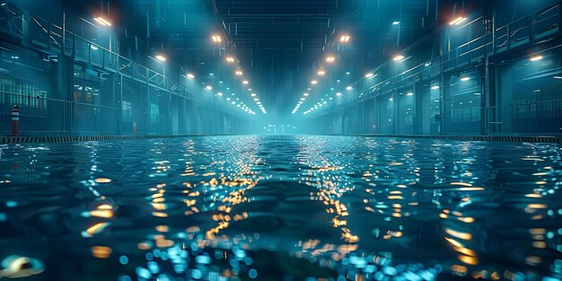 Estadio inundado bajo luces azules misteriosas sombras de agua oscura por la noche fotografía nocturna de concepto atmósfera misteriosa estadio inundado luces azul agua sombras