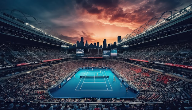 estadio lleno de fanáticos al atardecer en un partido de tenis