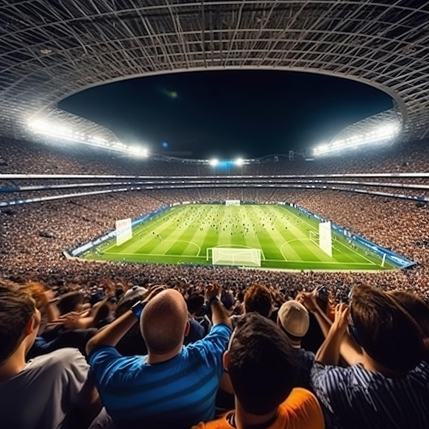 Un estadio lleno de gente con una camiseta a rayas azules y blancas está lleno de gente viendo un partido de fútbol.