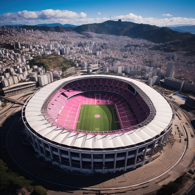 Foto un estadio con una montaña en el fondo