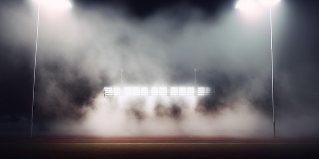 Un estadio con mucha niebla y las luces encendidas.