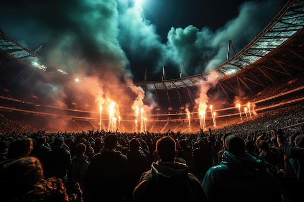 Foto estadio por la noche estadios vivos en el césped verde multitud vibrante generativa ia
