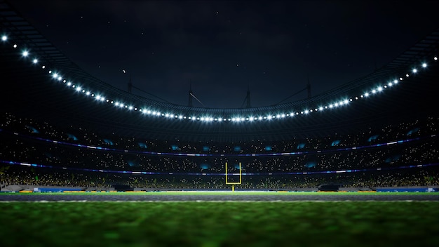 Estadio nocturno de fútbol americano con fanáticos iluminados por focos esperando juego