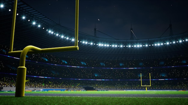 Foto estadio nocturno de fútbol americano con fanáticos iluminados por focos esperando juego