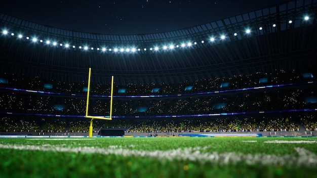 Estadio nocturno de fútbol americano con fanáticos iluminados por focos esperando juego