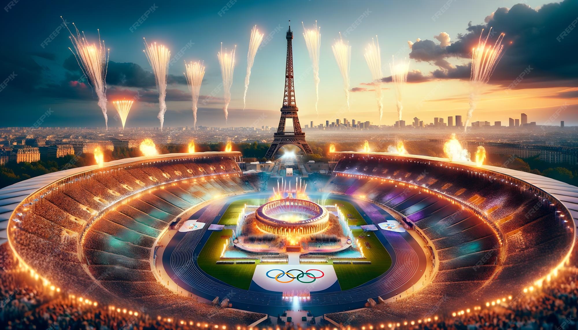 Estádio olímpico de paris durante a cerimônia de abertura de 2024 com a torre eiffel ao fundo