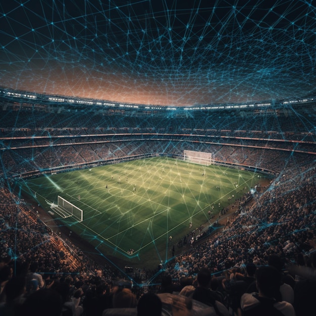 Un estadio con una pantalla digital que dice 'fútbol'