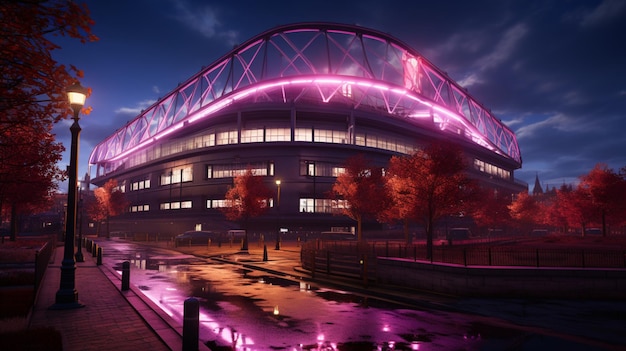 Un estadio con techo morado y luces.