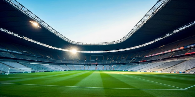 Un estadio con techo verde y un cielo azul de fondo.