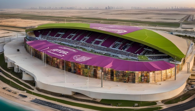 un estadio con un toldo púrpura y verde que dice citi