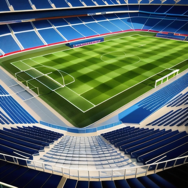 Estadio vacío con asientos azules y la palabra "barcelona" en la parte superior.