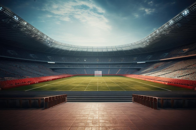 un estadio vacío con un campo de fútbol rojo y blanco y una bandera roja.