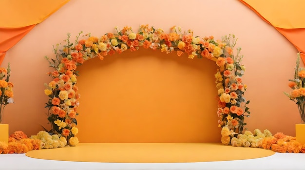 Estadio vacío naranja y amarillo con decoración de flores