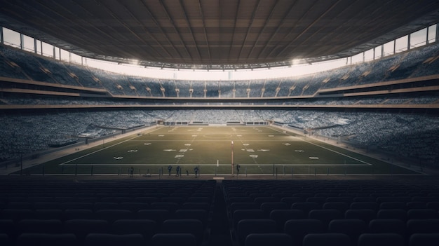 Estádio vazio com assentos azuis e a palavra azul na parte inferior