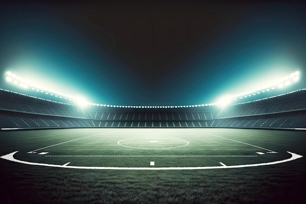 Estádio vazio com grande campo de futebol iluminado à noite