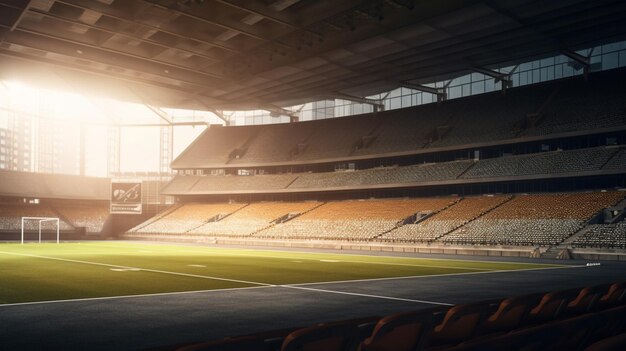 Estádio vazio com um campo de futebol e o sol brilhando no teto.