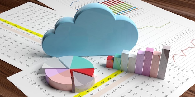 Estadísticas de computación en la nube Nube azul en gráficos de análisis de datos Ilustración 3d