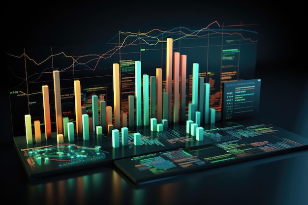 Estadísticas en línea en la aplicación Infografía de análisis empresarial Informe de análisis con diagramas, gráficos y tablas sobre fondo oscuro